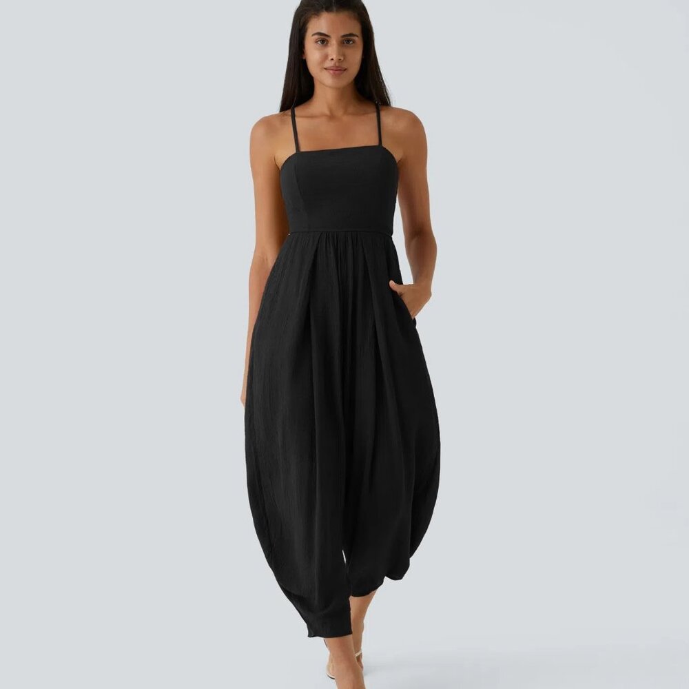 ✨ HALARA Spaghetti Strap Backless Lace Up Side Pocket Resort Jumpsuit Black XL ✨